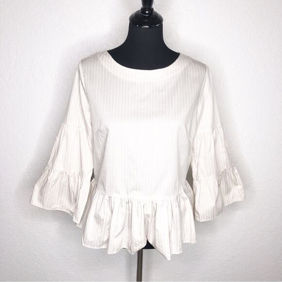 Tyler Boe tan and white striped ruffle pleated hem sleeve top size Medium - Picture 1 of 15